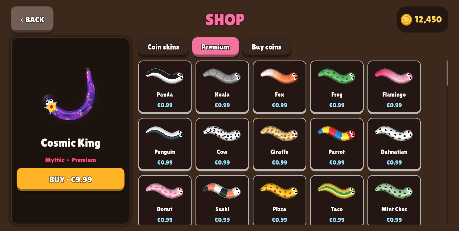 Shop showing premium worm skins