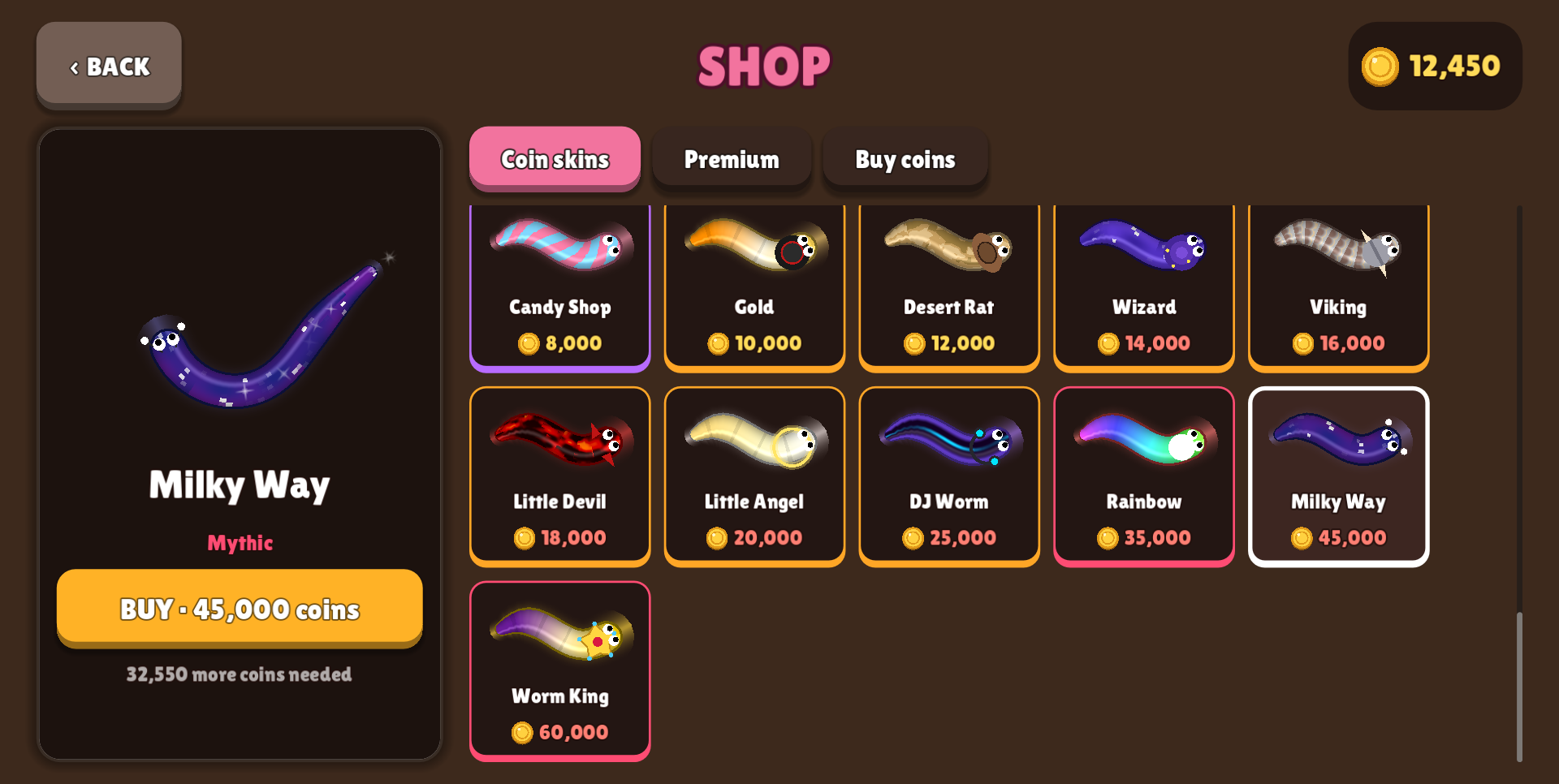 Shop showing legendary and mythic skins bought with coins