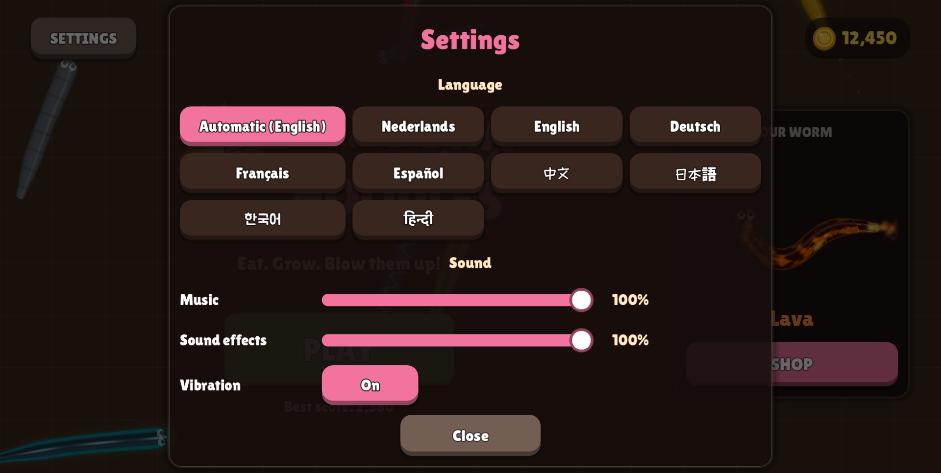 Settings with nine languages, music and effects volume and vibration